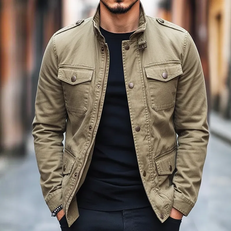 Men's Retro Casual Cotton Washed Wear-resistant Multi-pocket Workwear Stand Collar Jacket MTA2495I9TO sold by Manly product image thumbnail 2