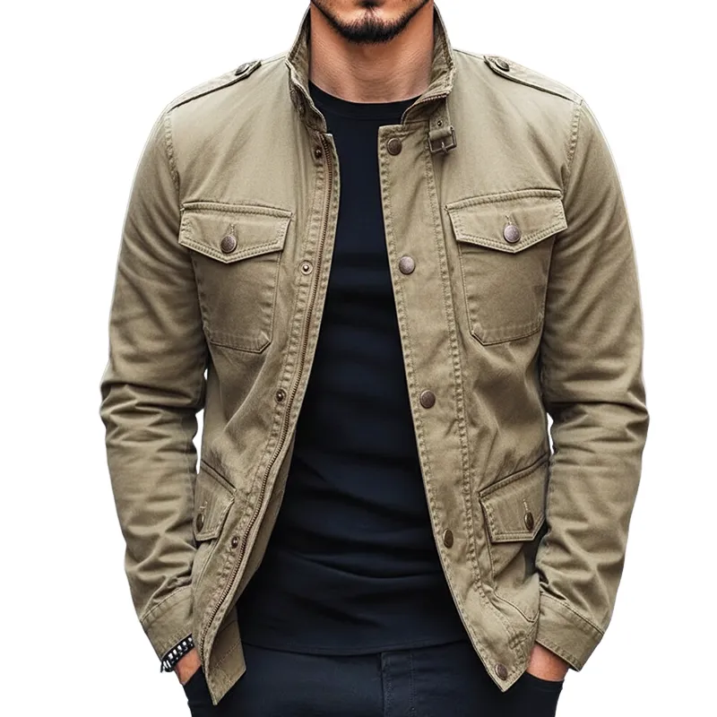 Men's Retro Casual Cotton Washed Wear-resistant Multi-pocket Workwear Stand Collar Jacket MTA2495I9TO sold by Manly