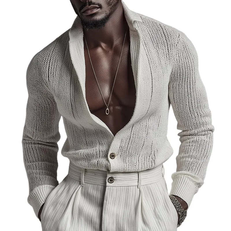 Men's Retro Casual Knit Lapel Long Sleeve Shirt MTA2594I9TO sold by Manly