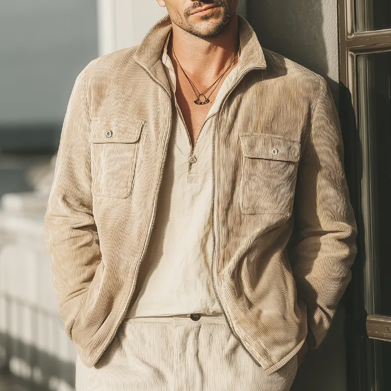 Men's Classic Stand-up Collar Corduroy Zip-up Jacket MTA2969I3U sold by Manly product image thumbnail 3
