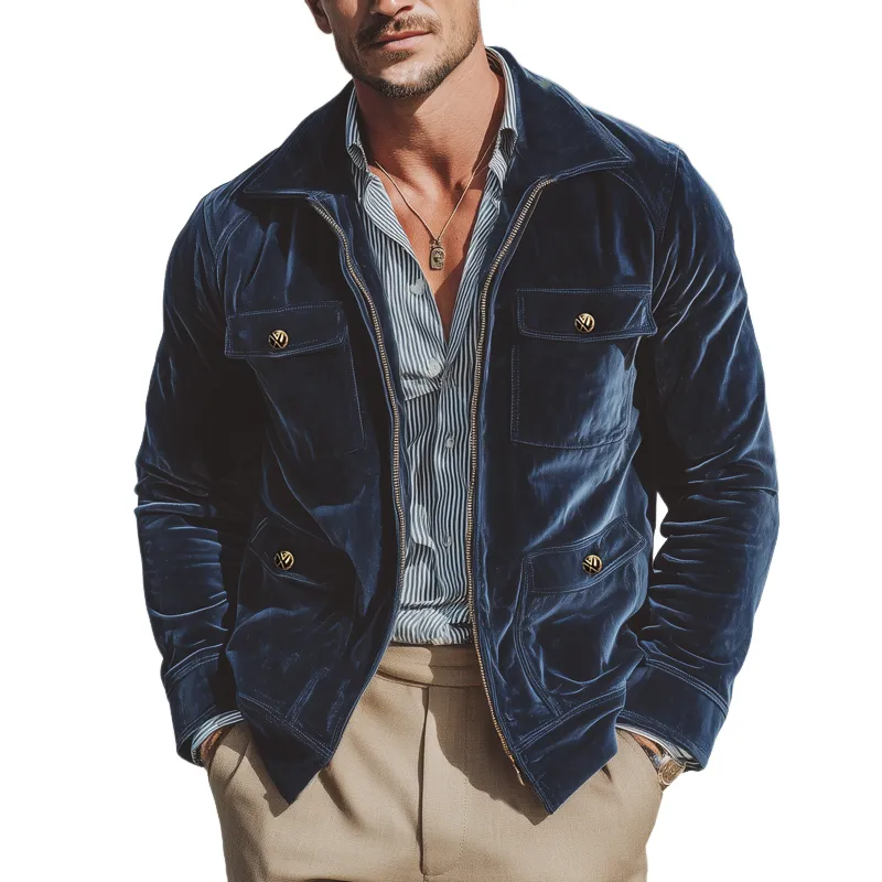 Men's Classic Navy Velvet Lapel Zip-Up Jacket MTA2963I9U sold by Manly