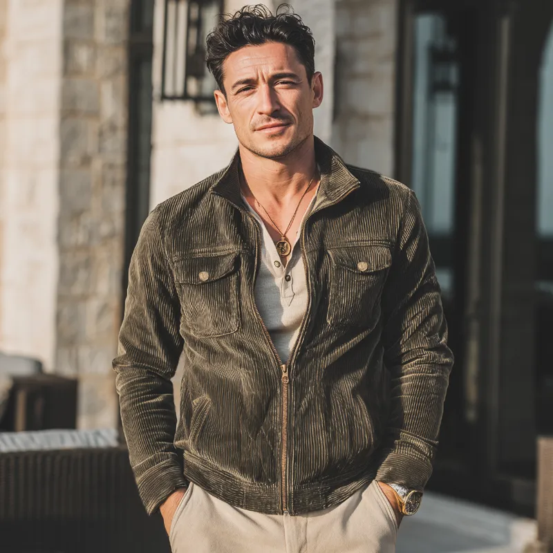 Men's Classic Army Green Stand Collar Corduroy Jacket MTA2965I3U sold by Manly product image thumbnail 2