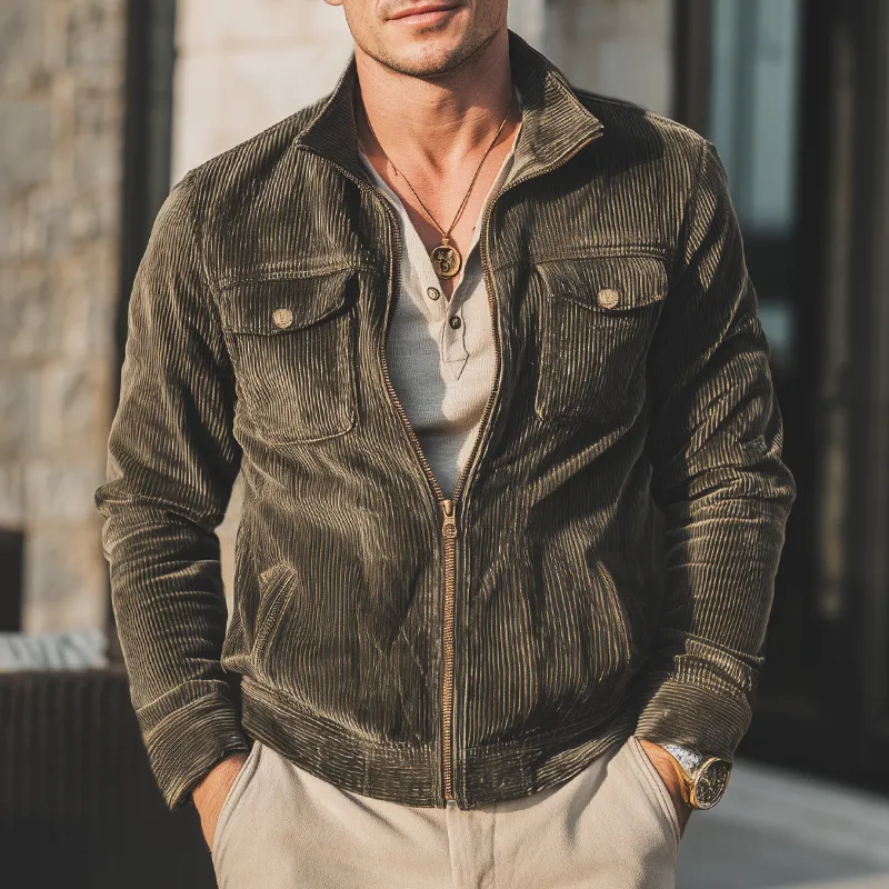 Men's Classic Army Green Stand Collar Corduroy Jacket MTA2965I3U sold by Manly product image thumbnail 3