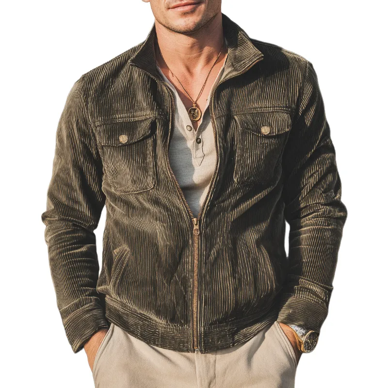 Men's Classic Army Green Stand Collar Corduroy Jacket MTA2965I3U sold by Manly