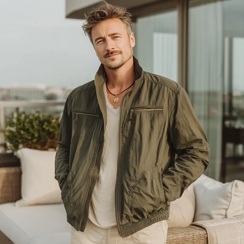 Men's Classic Military Green Stand-up Collar Zip-up Jacket MTA2919I7U sold by Manly product image thumbnail 2