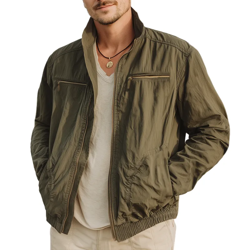 Men's Classic Military Green Stand-up Collar Zip-up Jacket MTA2919I7U sold by Manly