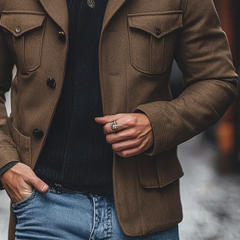 Men's Solid Color Faux Wool Blend Lapel Multi-Pocket Jacket MTA2816I5X sold by Manly product image thumbnail 3