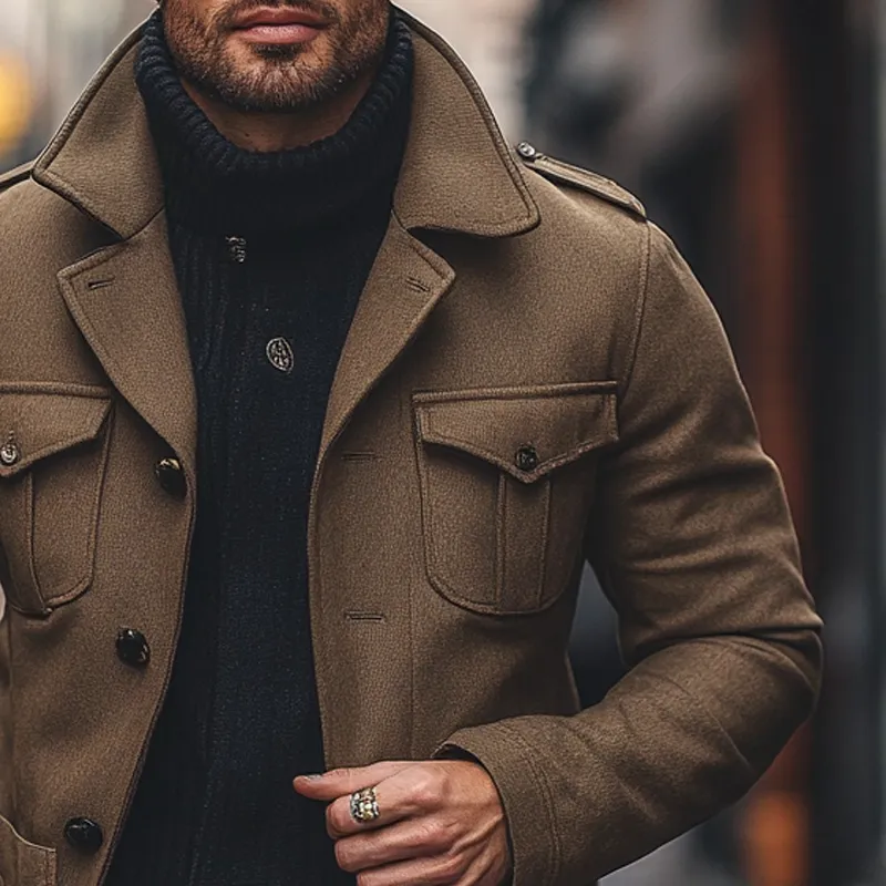 Men's Solid Color Faux Wool Blend Lapel Multi-Pocket Jacket MTA2816I5X sold by Manly product image thumbnail 2