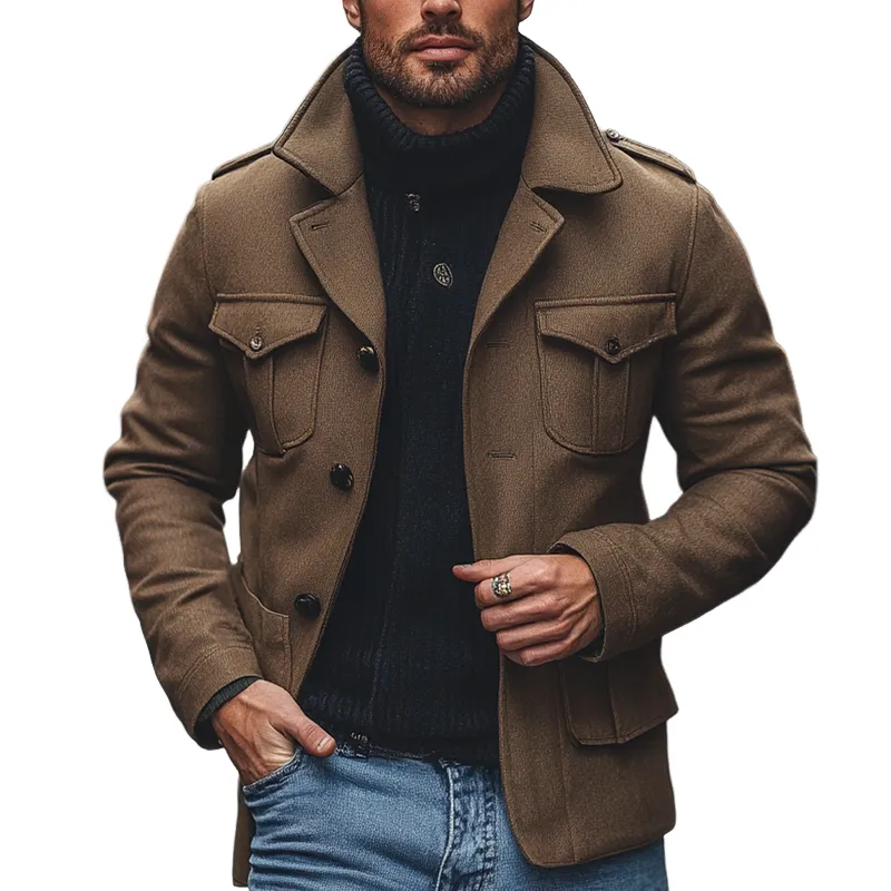 Men's Solid Color Faux Wool Blend Lapel Multi-Pocket Jacket MTA2816I5X sold by Manly