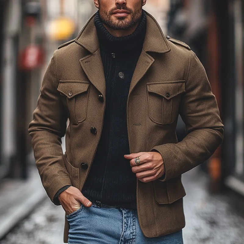 Men's Solid Color Faux Wool Blend Lapel Multi-Pocket Jacket MTA2816I5X sold by Manly product image thumbnail 4