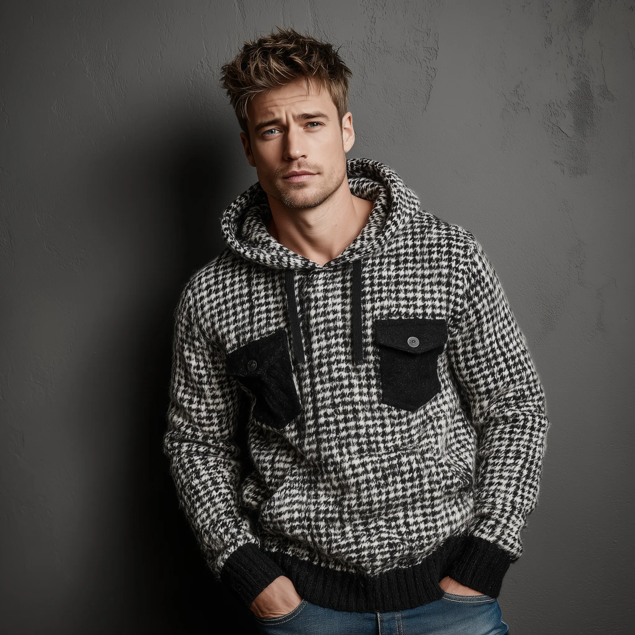 Men's Classic Casual Houndstooth Hooded Loose Sweater MTA1070J8K sold by Manly product image thumbnail 2