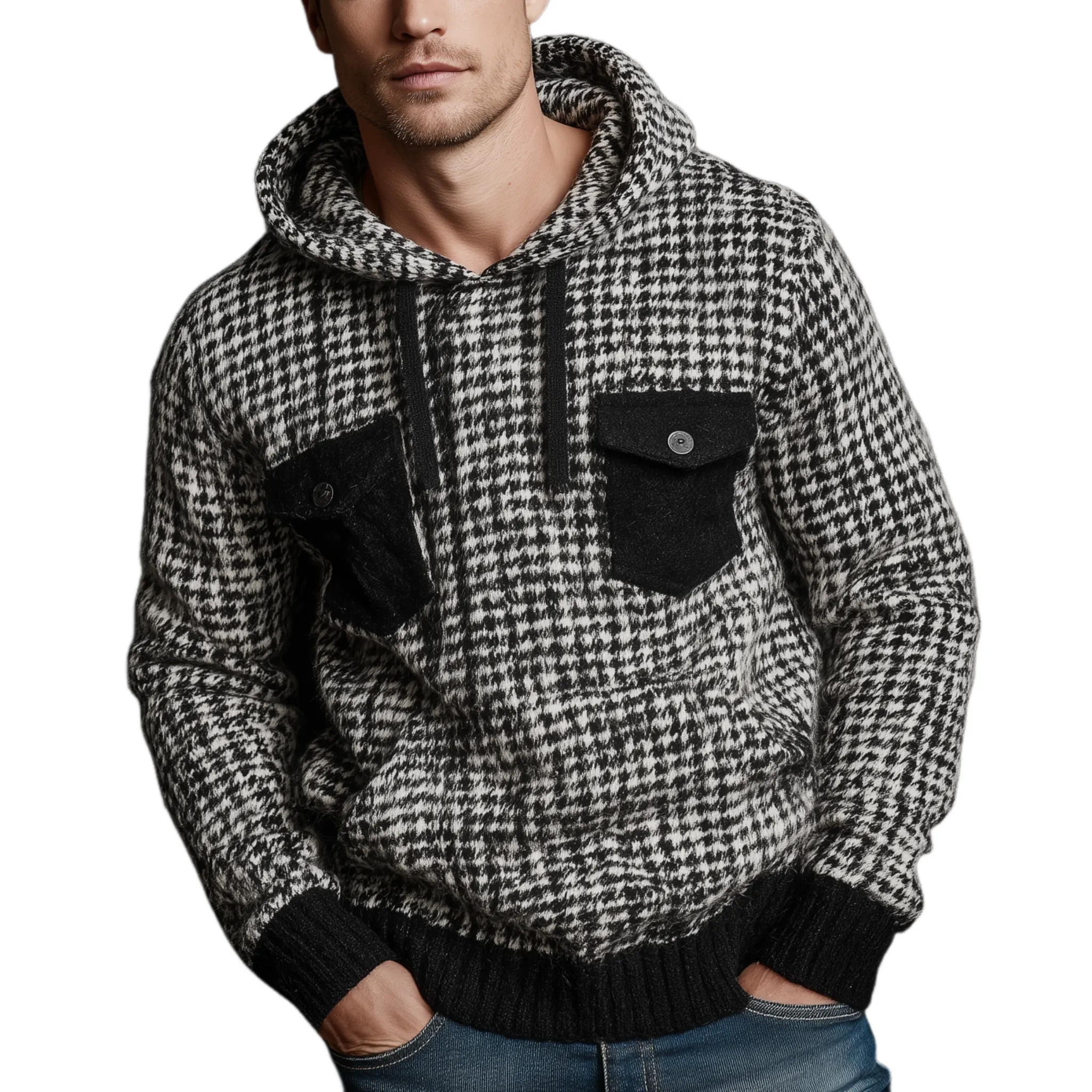 Men's Classic Casual Houndstooth Hooded Loose Sweater MTA1070J8K sold by Manly