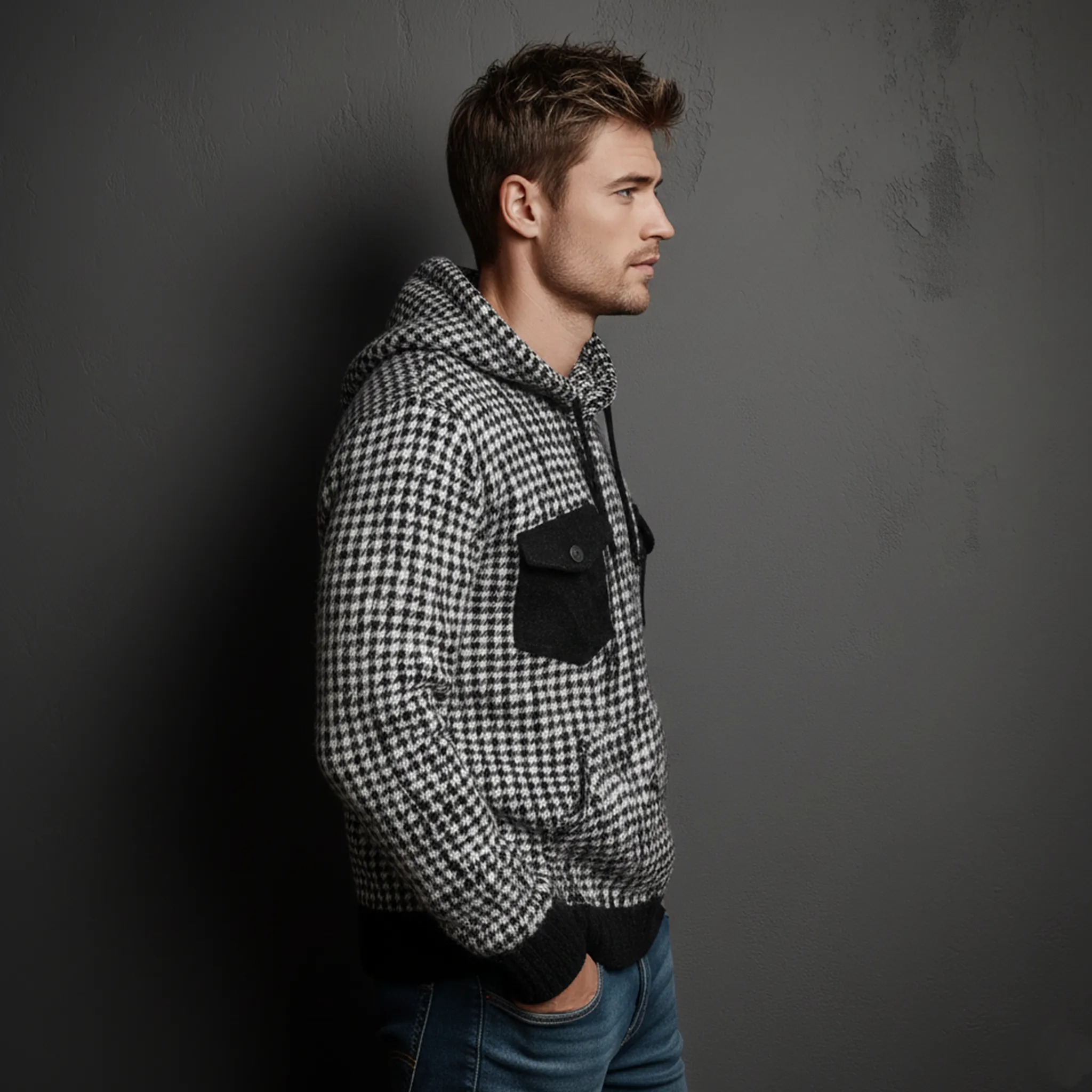 Men's Classic Casual Houndstooth Hooded Loose Sweater MTA1070J8K sold by Manly product image thumbnail 5