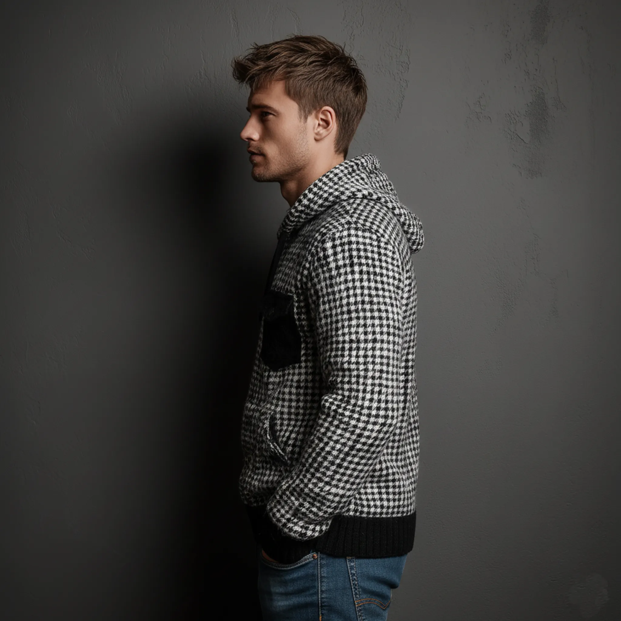 Men's Classic Casual Houndstooth Hooded Loose Sweater MTA1070J8K sold by Manly product image thumbnail 3