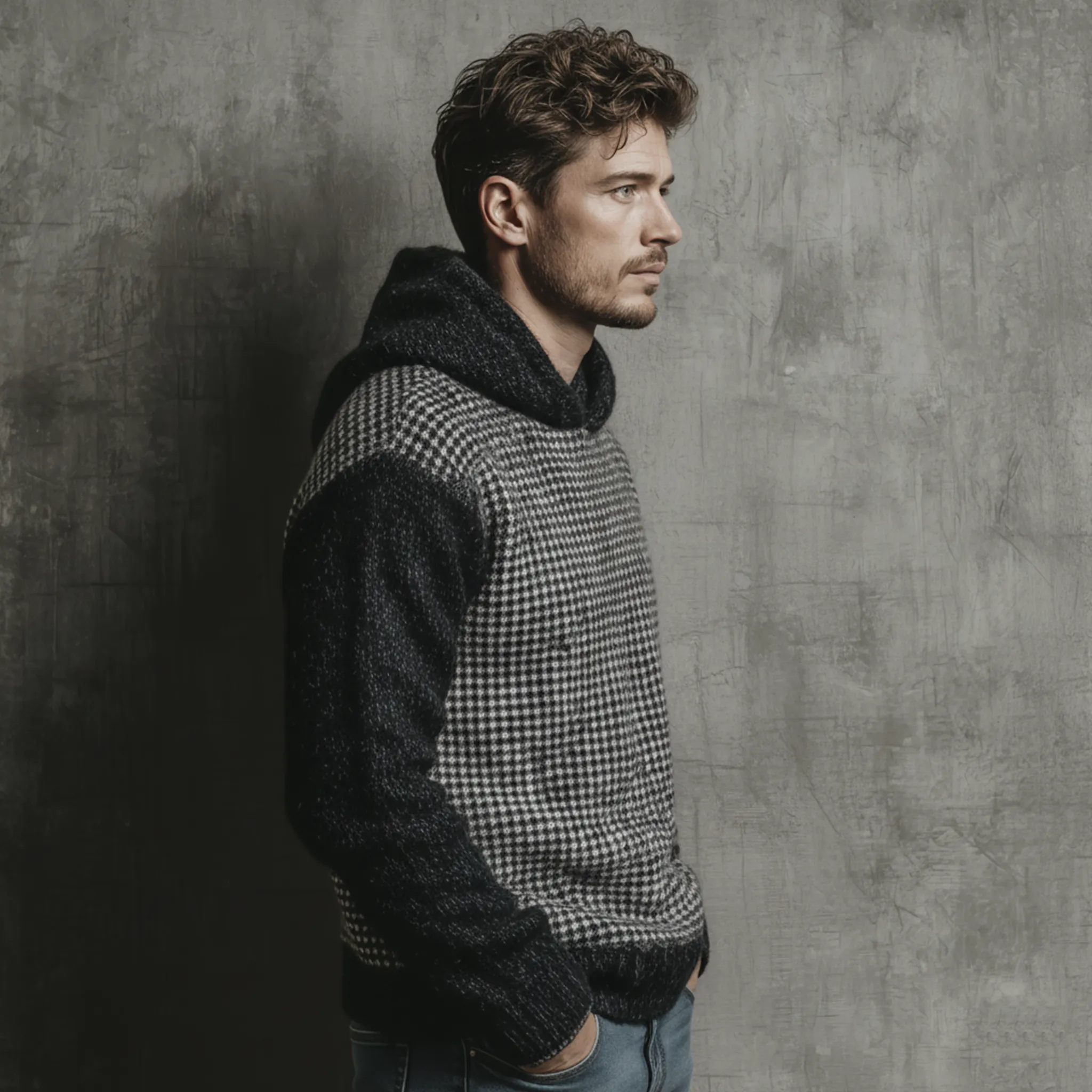 Men's Classic Casual Patchwork Houndstooth Pattern Hooded Loose Sweater MTA1007J2K sold by Manly product image thumbnail 3