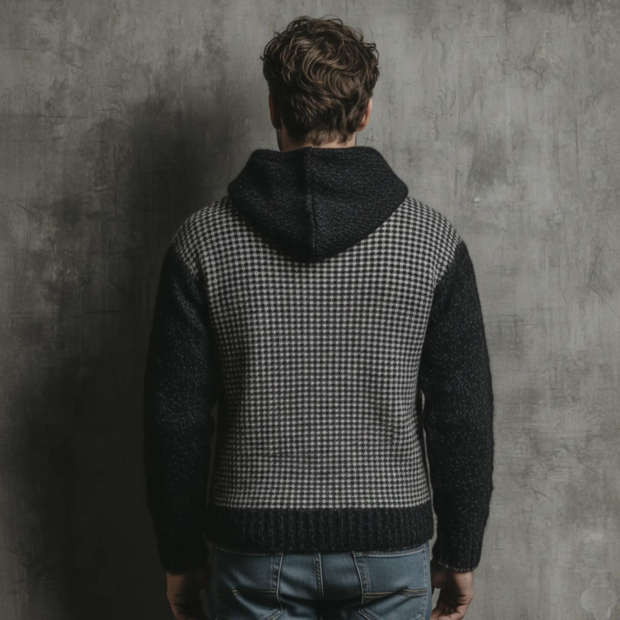 Men's Classic Casual Patchwork Houndstooth Pattern Hooded Loose Sweater MTA1007J2K sold by Manly product image thumbnail 4