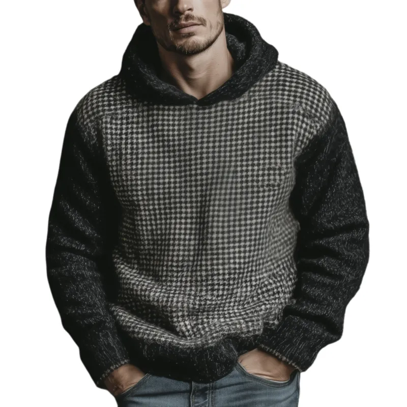 Men's Classic Casual Patchwork Houndstooth Pattern Hooded Loose Sweater MTA1007J2K sold by Manly