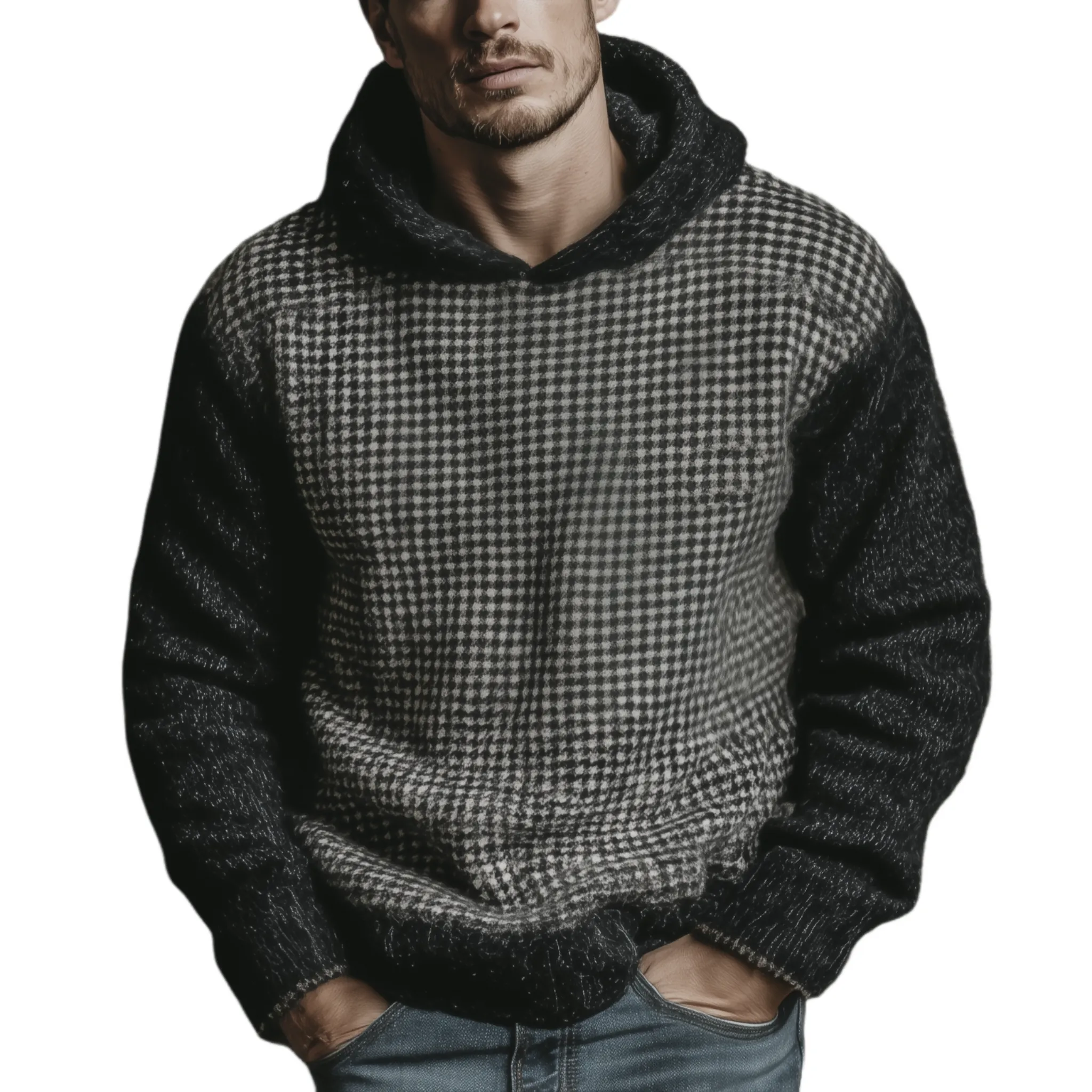 Men's Classic Casual Patchwork Houndstooth Pattern Hooded Loose Sweater MTA1007J2K sold by Manly