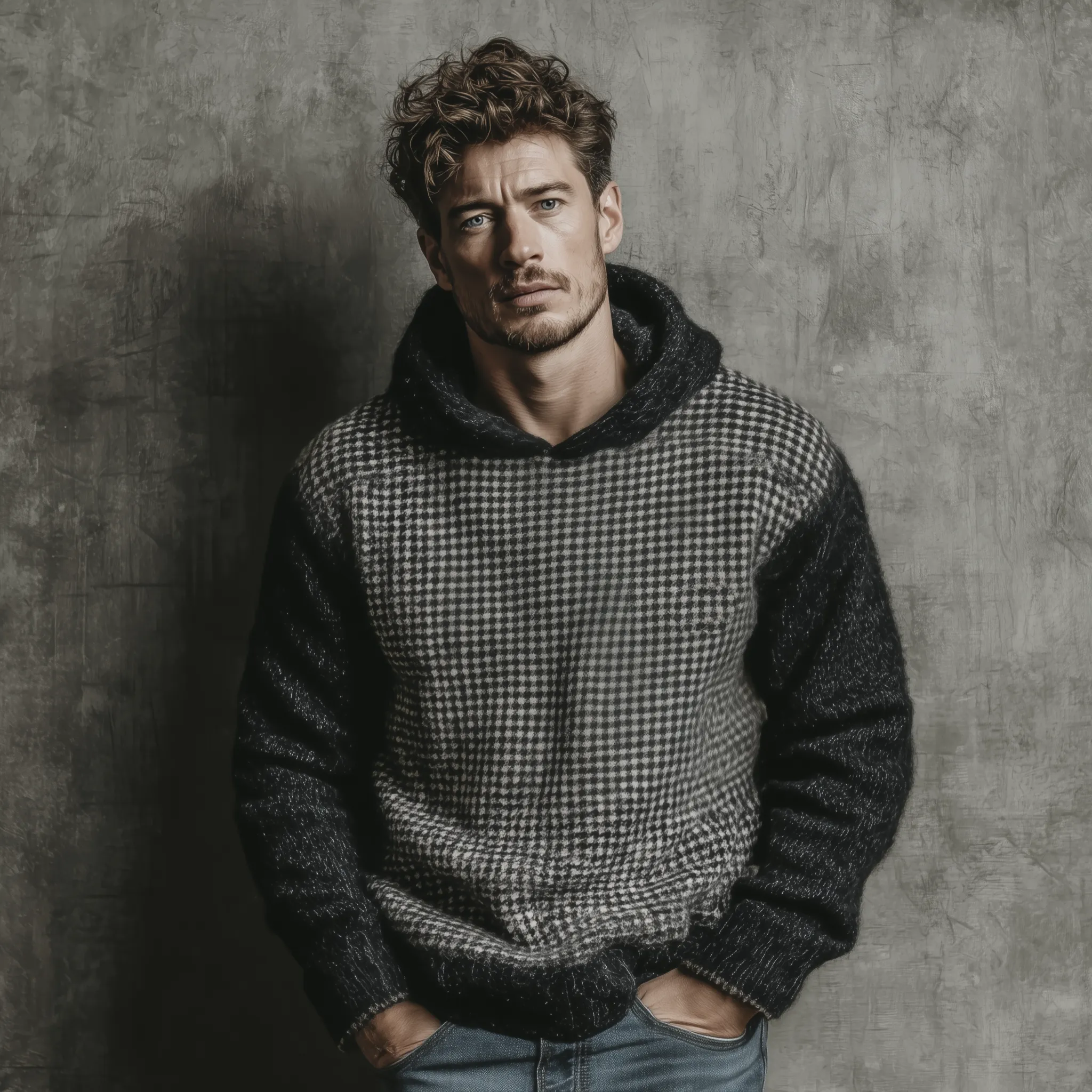 Men's Classic Casual Patchwork Houndstooth Pattern Hooded Loose Sweater MTA1007J2K sold by Manly product image thumbnail 2