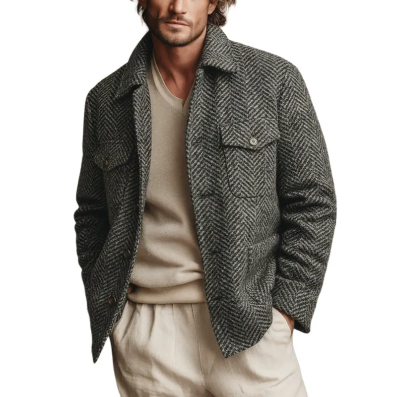 Men's Classic Light Business Faux Herringbone Pattern Wool Lapel Multi-pocket Jacket MTA1055J8K sold by Manly