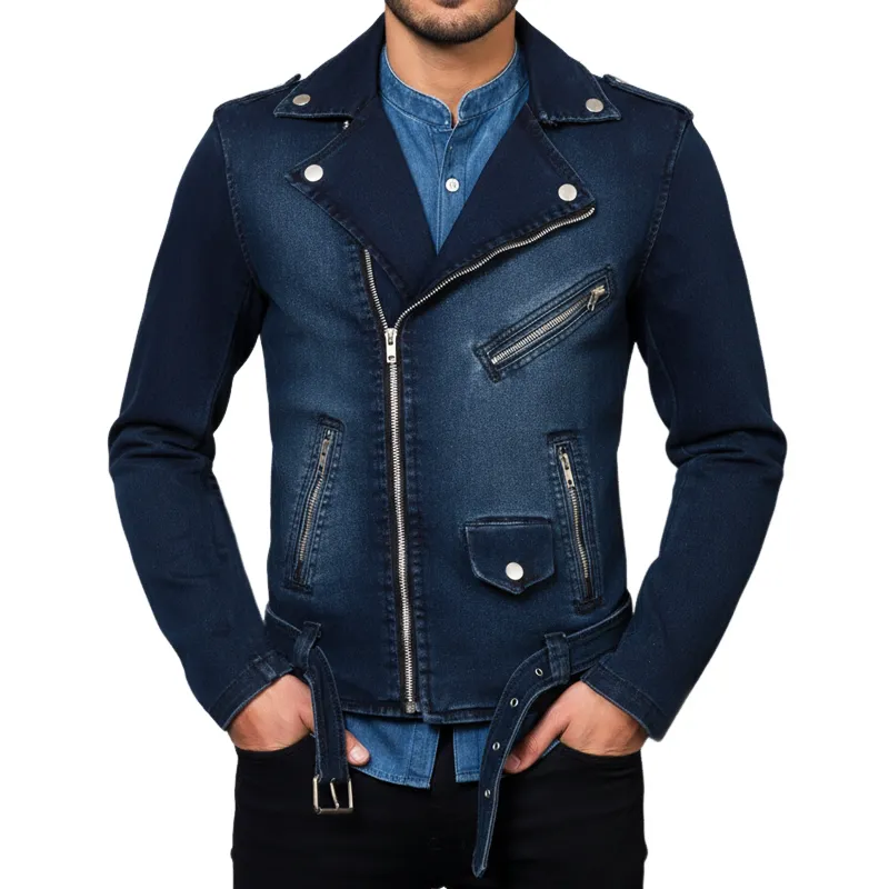 Men's Vintage Faded Distressed Notched Lapel Zipper Denim Jacket MTA1096J9U sold by Manly