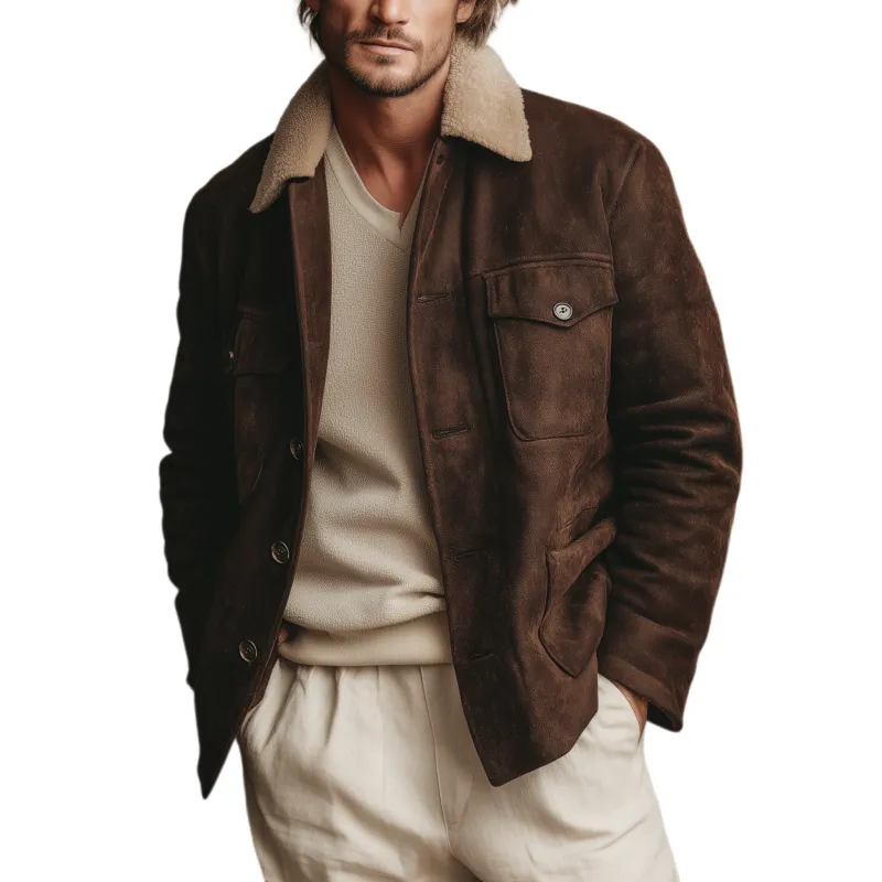 Men's Classic Vintage Detachable Fur Collar Faux Suede Multi-pocket Jacket MTA1000J3K sold by Manly