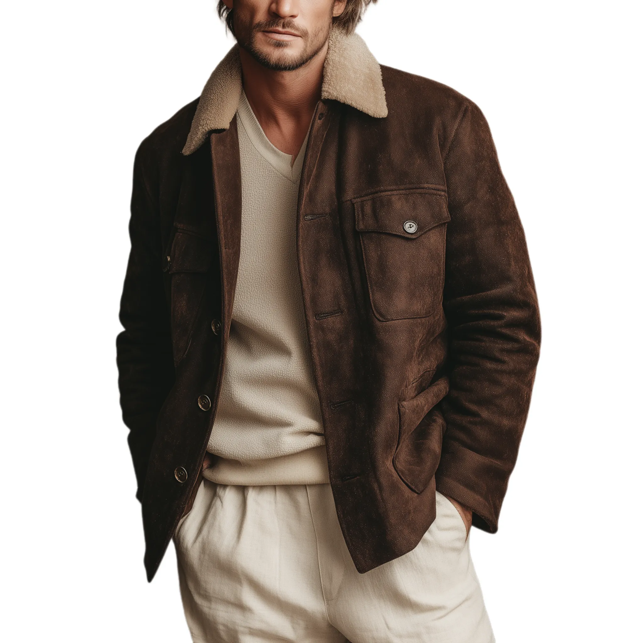 Men's Classic Vintage Detachable Fur Collar Faux Suede Multi-pocket Jacket MTA1000J3K sold by Manly