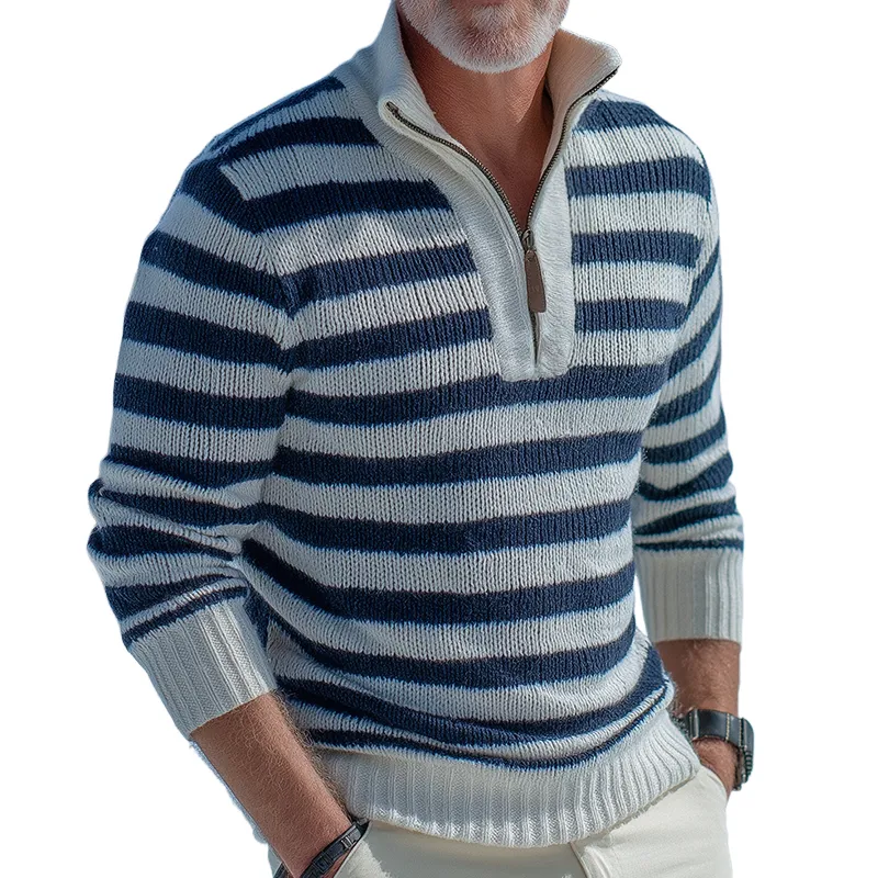 Men's Retro Casual Colorblock Striped Zipper Pullover Sweater MTA0999J9TO sold by Manly