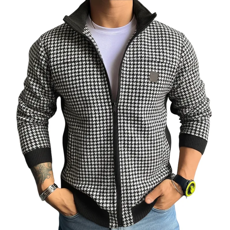 Men's Retro Casual Houndstooth Lapel Zipper Jacket  MTA1000J0TO sold by Manly