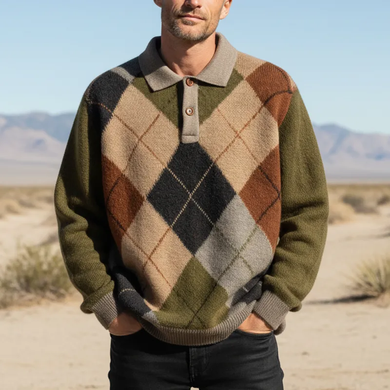 Men's Winter Fashion Diamond Pattern Cotton Yarn Knitted Henley Collar Loose Sweater MTA1054J2P sold by Manly product image thumbnail 2