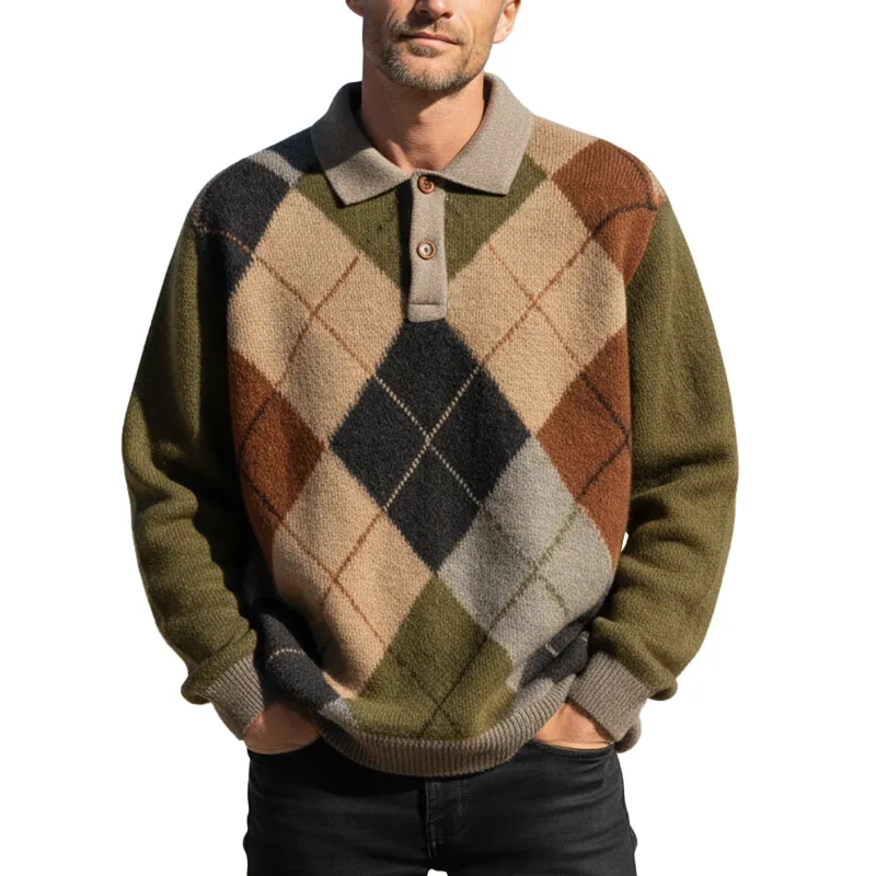 Men's Winter Fashion Diamond Pattern Cotton Yarn Knitted Henley Collar Loose Sweater MTA1054J2P sold by Manly