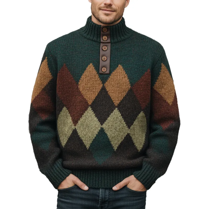Men's Winter Fashion Diamond Pattern Cotton Yarn Knitted Turtleneck Sweater MTA1043J8P sold by Manly