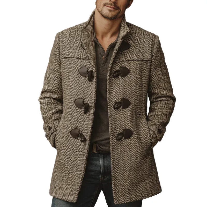 Men's Winter Fashionable Herringbone Faux Wool Horn Button Coat MTA1037J3P sold by Manly