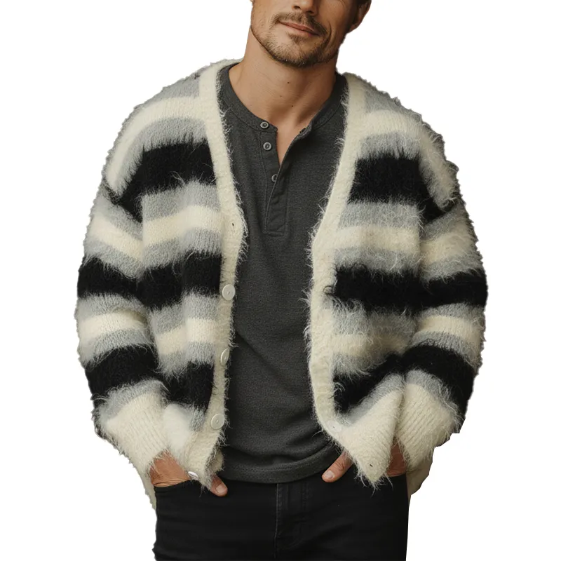 Men's Fashion Mohair Cotton Blended Striped Cardigan Sweater MTA1098J0P sold by Manly
