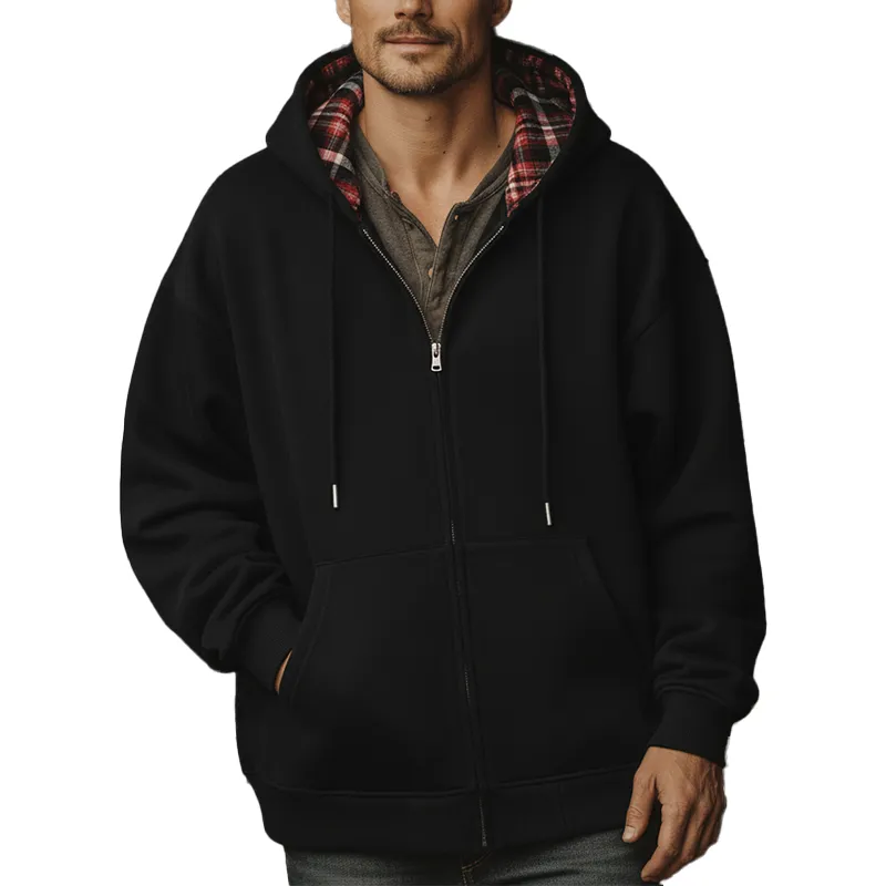 Men's Fashion Plaid Lined Cotton Blended Hooded Zipper Sweatshirt MTA1030J2P sold by Manly