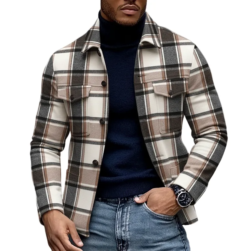 Men's Casual Lapel Multi-pocket Blend Plaid Jacket MTA3033I5X sold by Manly
