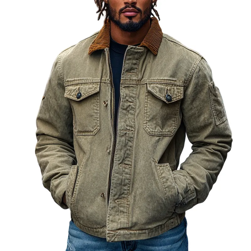 Men's Retro Western Cowboy Style Spliced Lapel Corduroy Denim Jacket MTA3051I0X sold by Manly