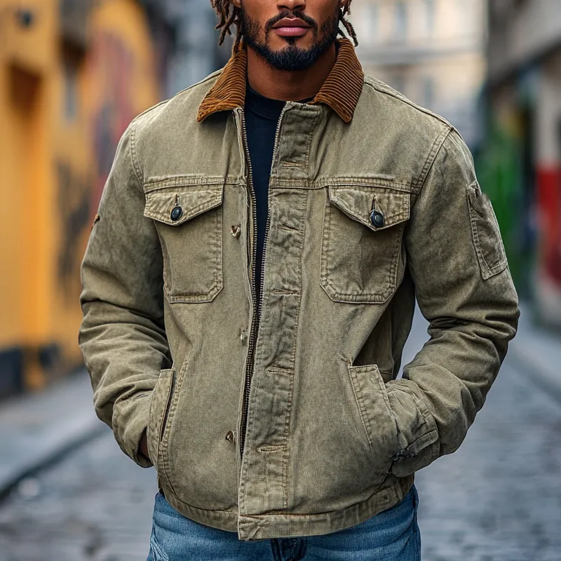 Men's Retro Western Cowboy Style Spliced Lapel Corduroy Denim Jacket MTA3051I0X sold by Manly product image thumbnail 2