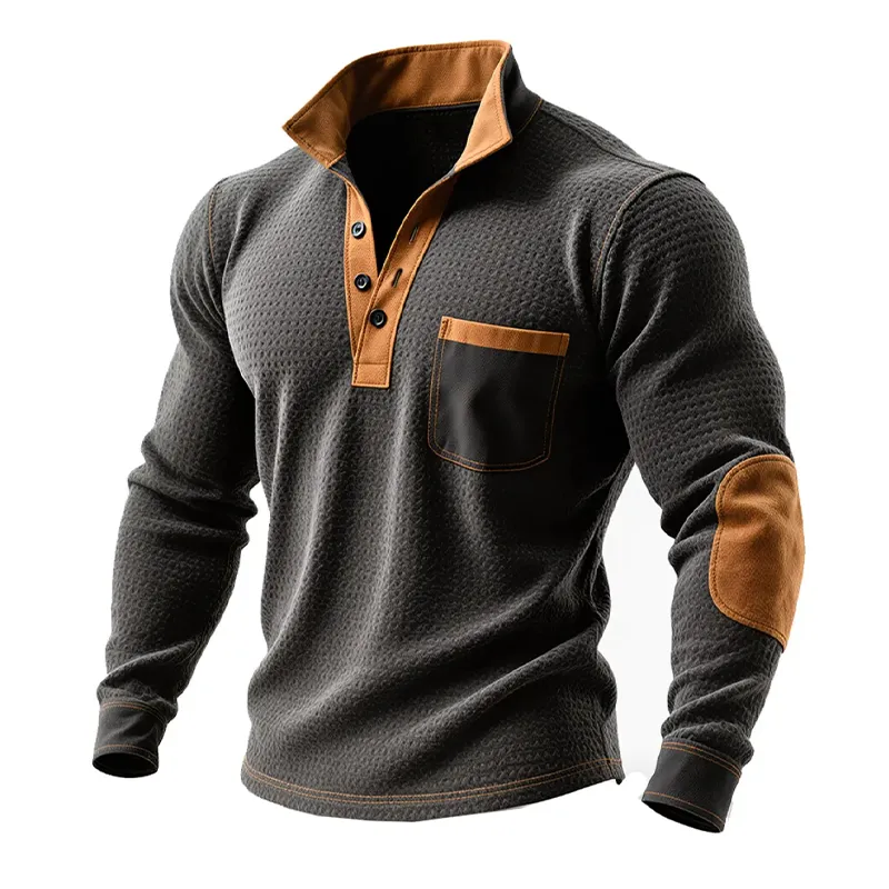 Men's Retro Western Cowboy Style Stitching Faux Suede Lapel Long Sleeve Polo Shirt MTA0907J5X sold by Manly