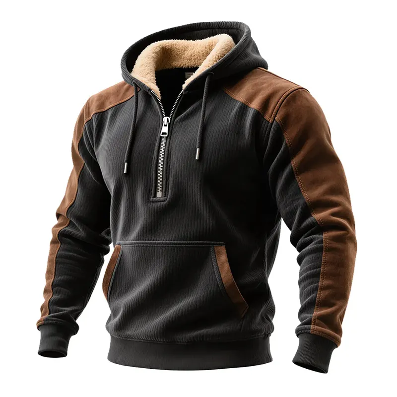 Men's Retro Contrast Faux Suede Polar Fleece Half-Zip Pullover Hoodie MTA0976J9X sold by Manly
