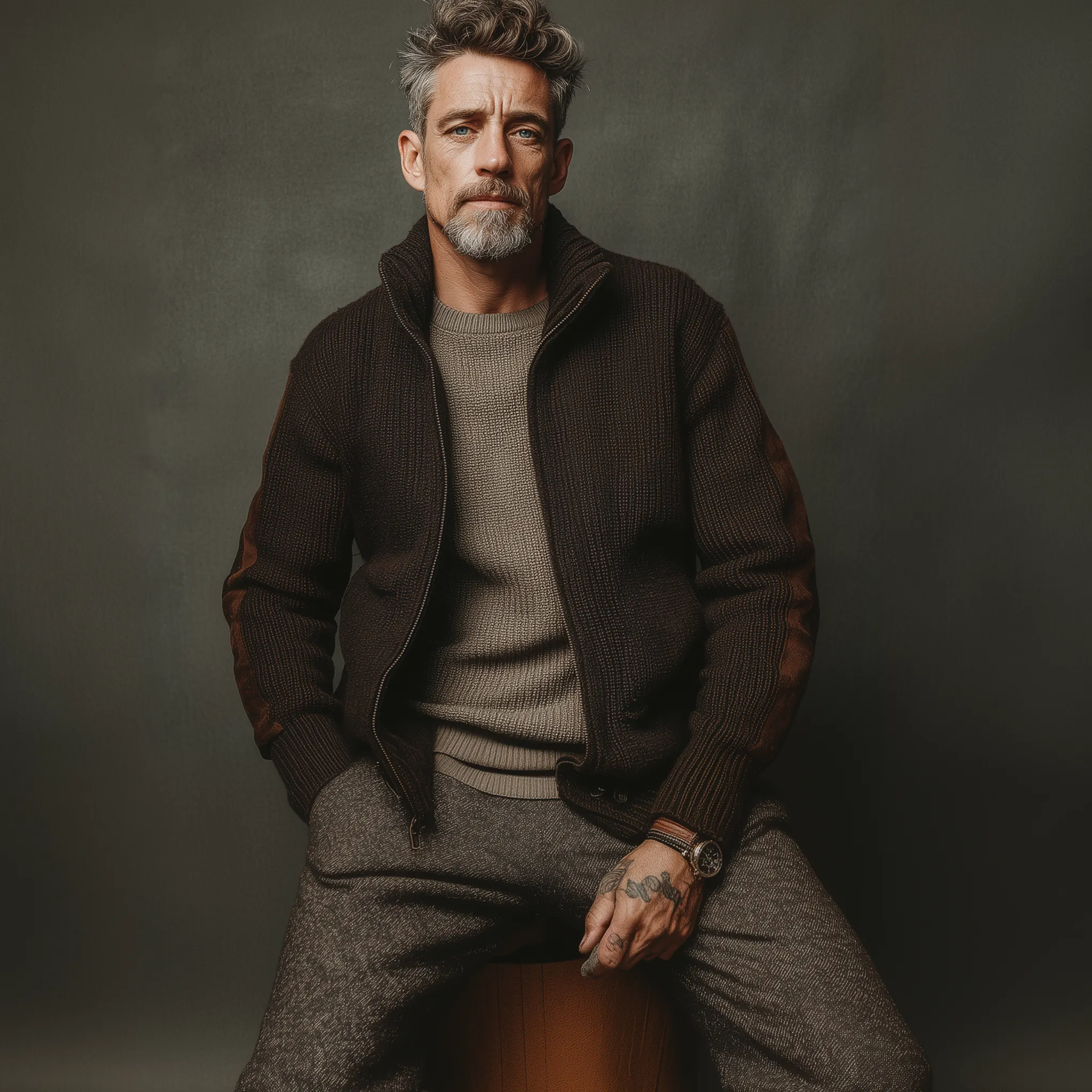 Men's Classic Casual Sleeve Paneled Faux Suede Stand Collar Zippered Knit Cardigan MTA0907J5K sold by Manly product image thumbnail 3