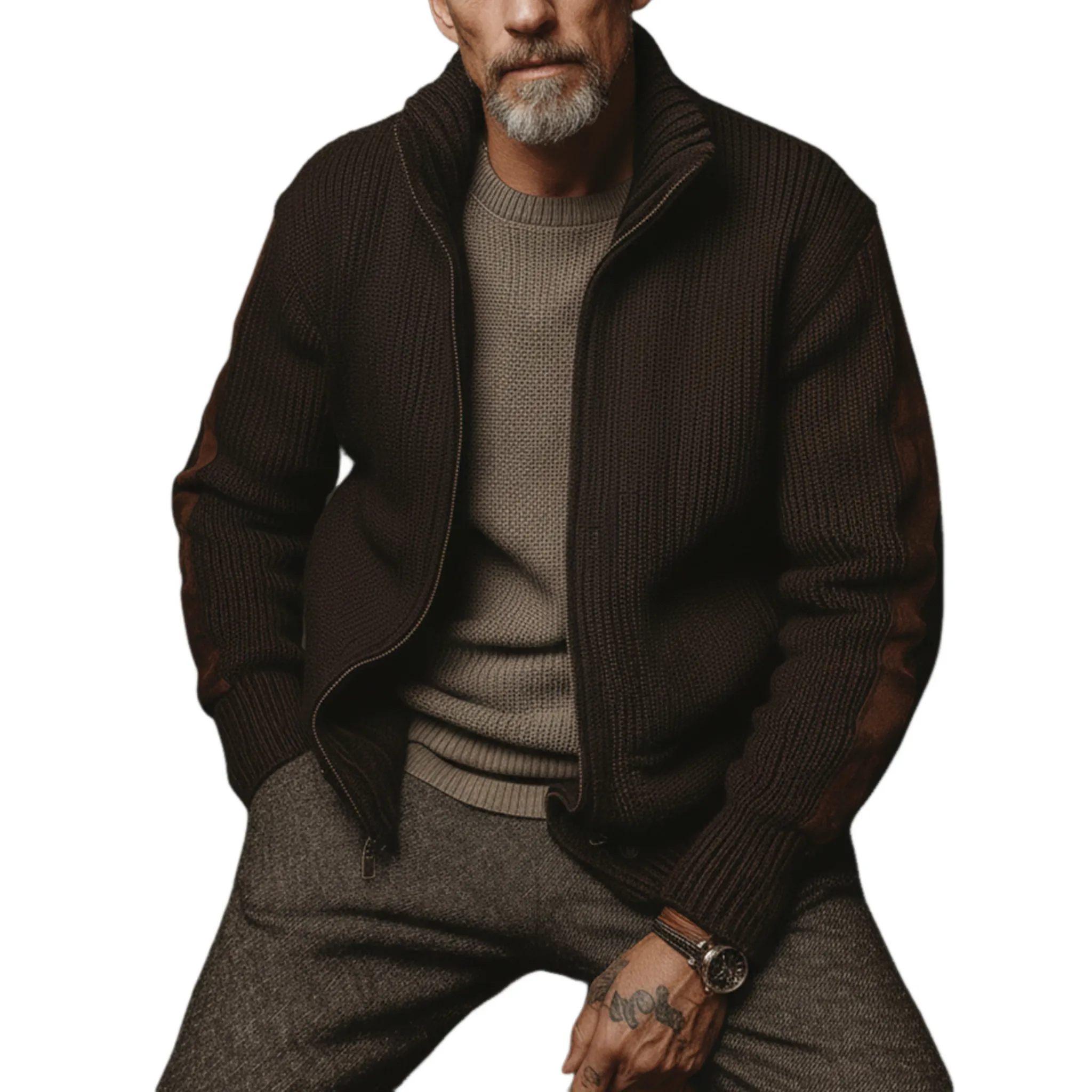 Men's Classic Casual Sleeve Paneled Faux Suede Stand Collar Zippered Knit Cardigan MTA0907J5K sold by Manly