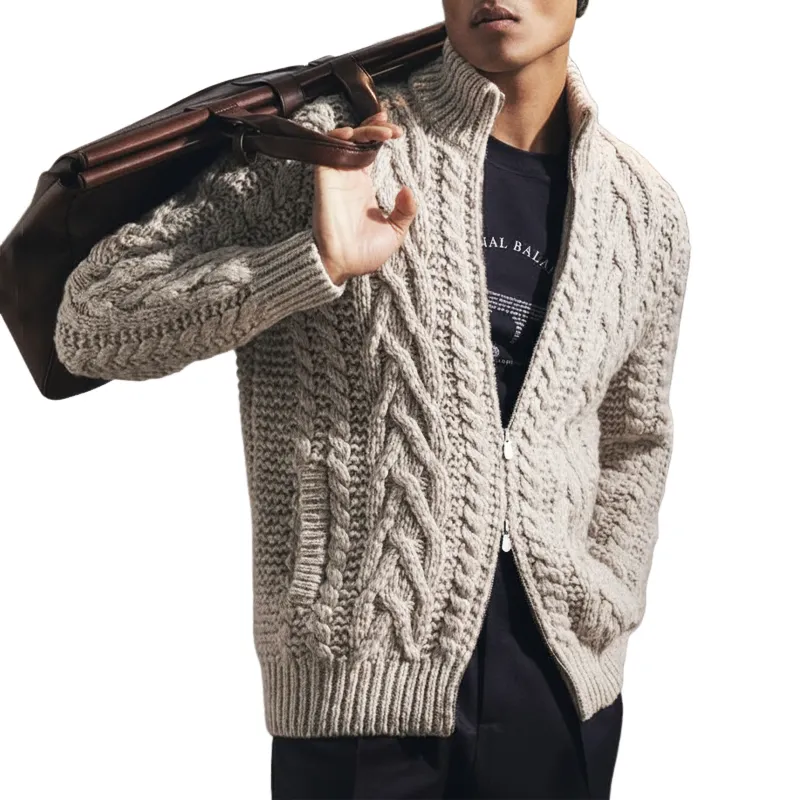 Men's Classic Light Grey Jacquard Stand Collar Zipper Cardigan MTA0936J7U sold by Manly