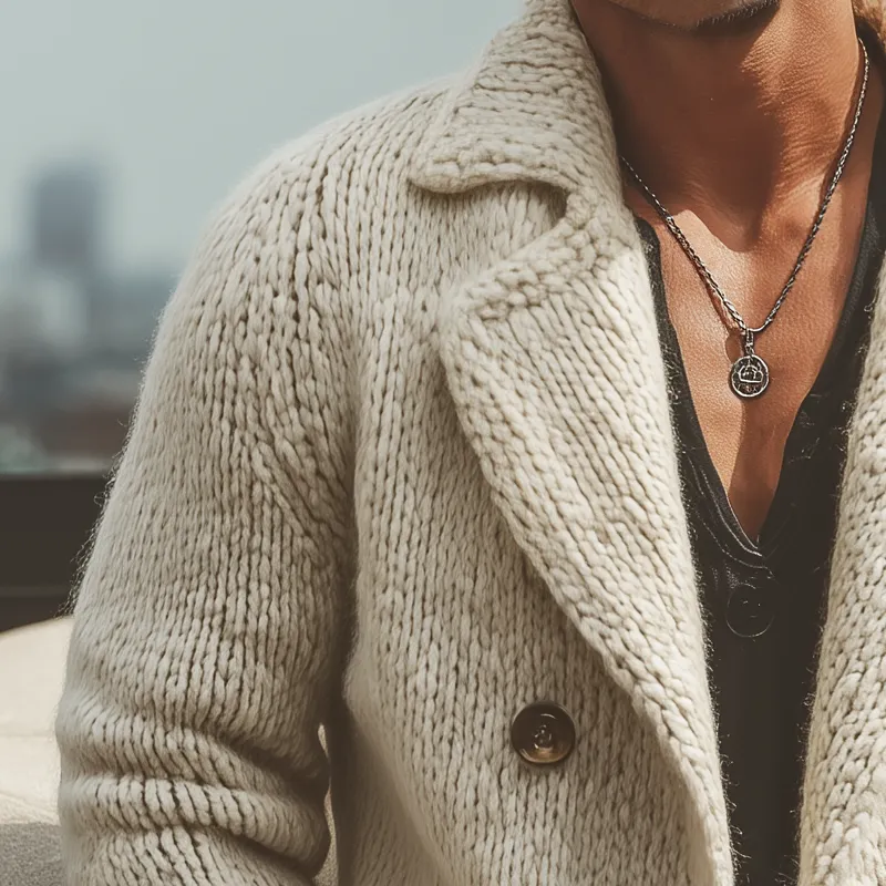 Men's Vintage Double-Breasted Notch Lapel Knit Cardigan MTA0941J4U sold by Manly product image thumbnail 4