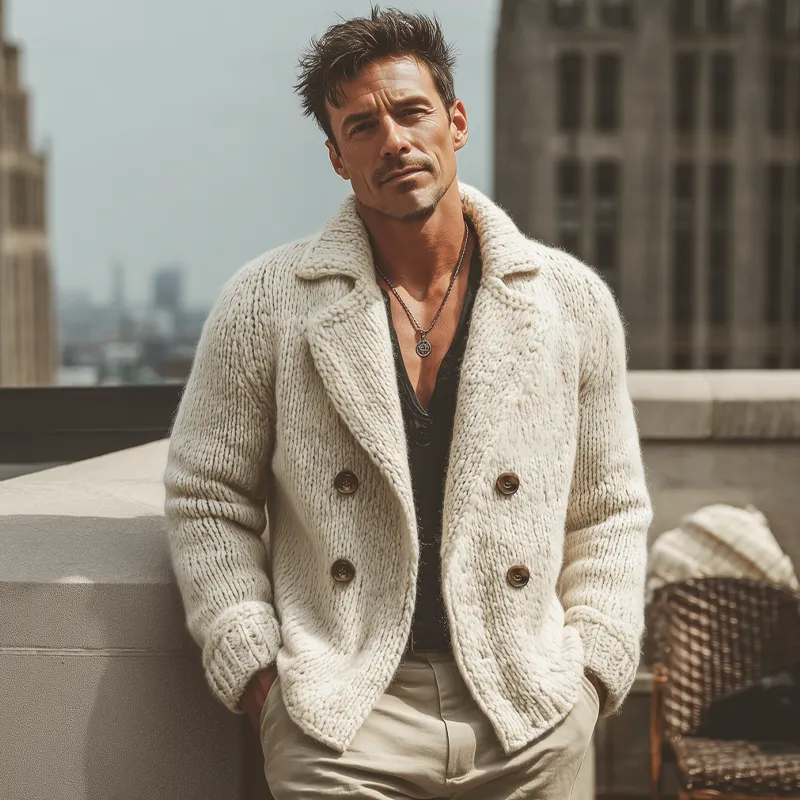 Men's Vintage Double-Breasted Notch Lapel Knit Cardigan MTA0941J4U sold by Manly product image thumbnail 2