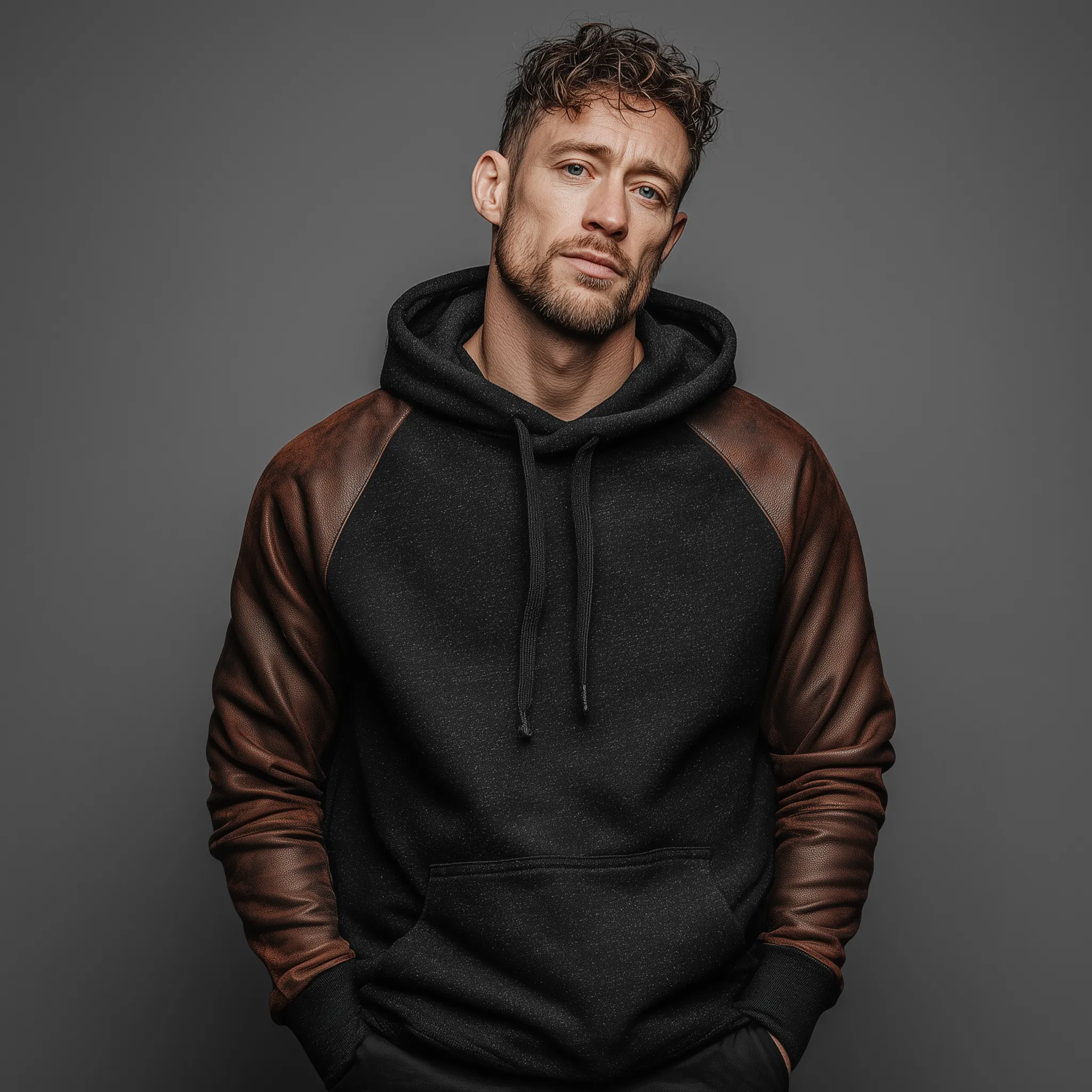 Men's Classic Casual Sleeve Stitching PU Leather Loose Cotton Blend Hoodie MTA0917J2K sold by Manly product image thumbnail 2