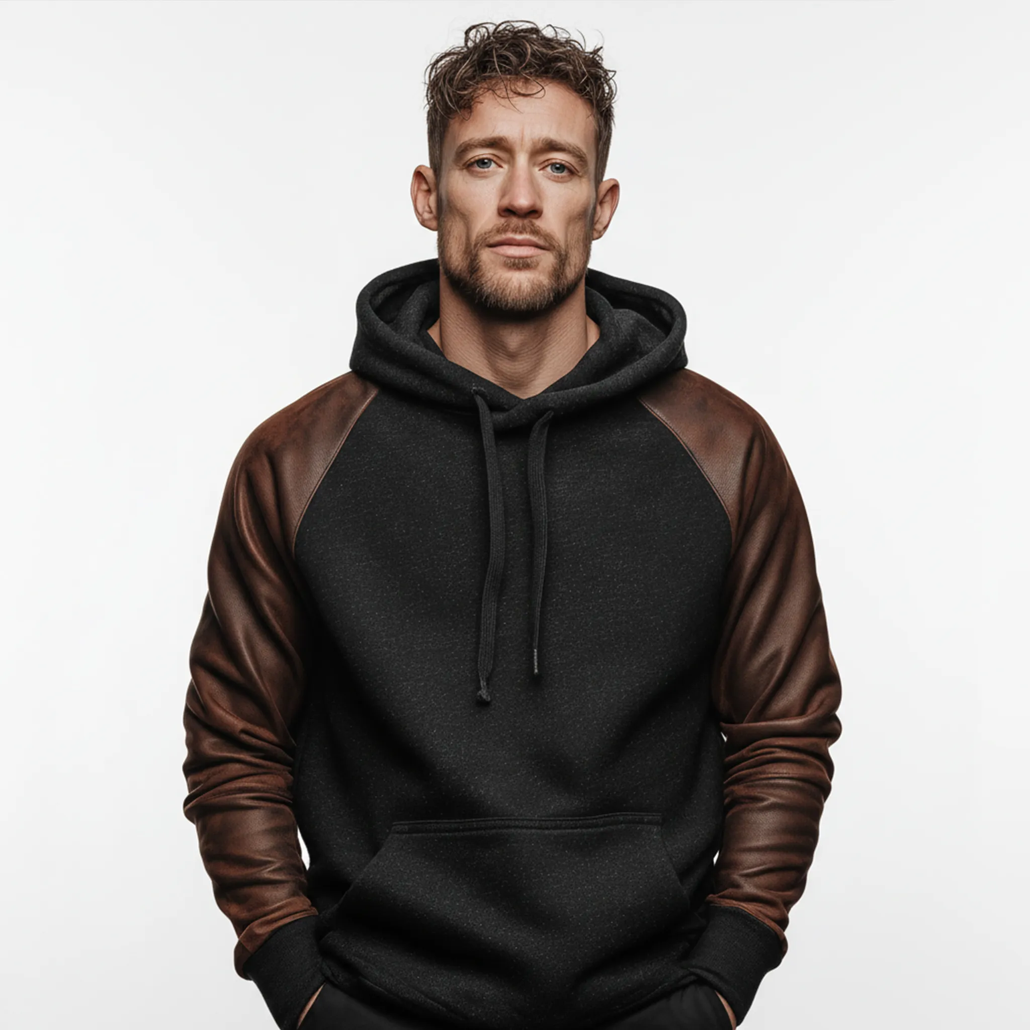 Men's Classic Casual Sleeve Stitching PU Leather Loose Cotton Blend Hoodie MTA0917J2K sold by Manly product image thumbnail 3