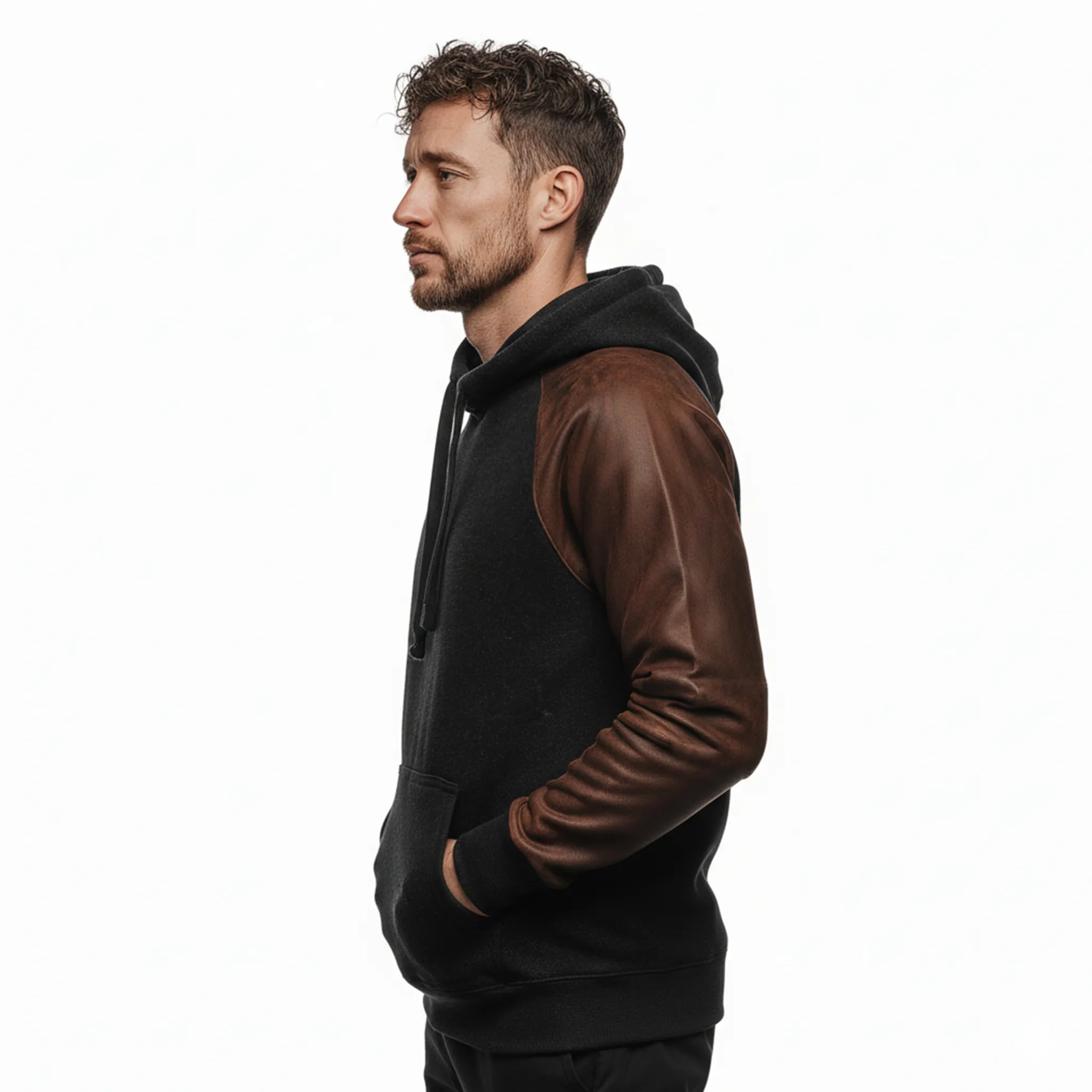 Men's Classic Casual Sleeve Stitching PU Leather Loose Cotton Blend Hoodie MTA0917J2K sold by Manly product image thumbnail 4