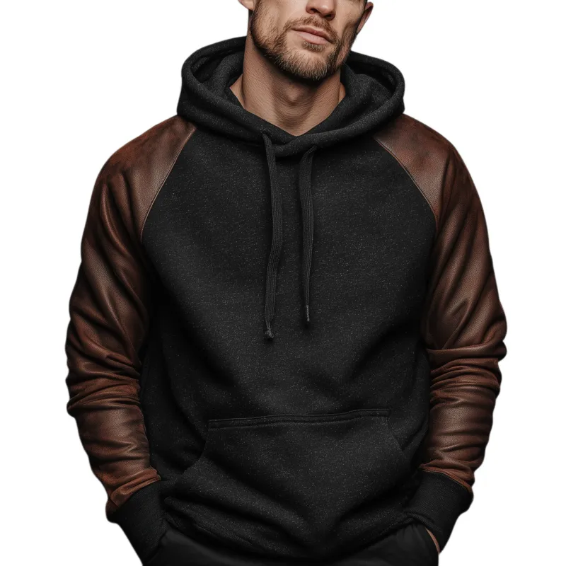 Men's Classic Casual Sleeve Stitching PU Leather Loose Cotton Blend Hoodie MTA0917J2K made by Manly