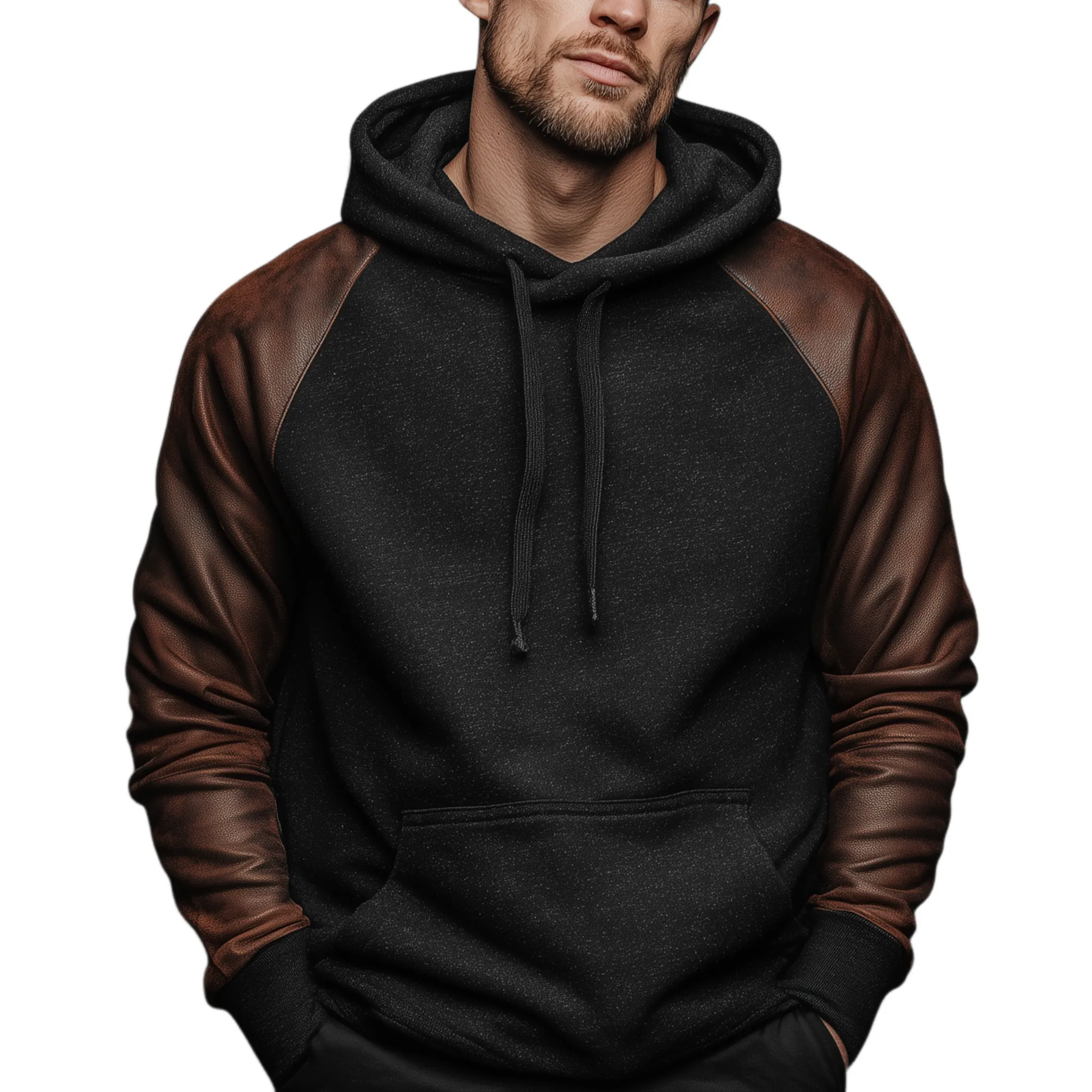 Men's Classic Casual Sleeve Stitching PU Leather Loose Cotton Blend Hoodie MTA0917J2K sold by Manly